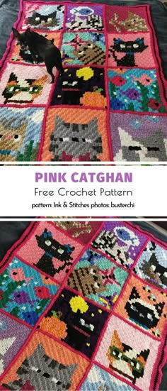 the pink cat afghan is on display in front of a black and white background with text that