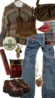 fashion collage, jeans, dark makeup, red brown green, doc martens, fairy grunge, grunge, fashion Outfit Niche, 2000s Outfits, Aesthetic Fits, Cute Comfy Outfits