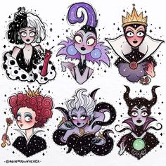 some cartoon characters with different hair colors and makeup looks like they're in the circus