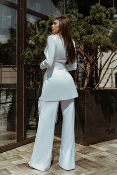 White Satin Oversized Pantsuit With Feathers. – SandraBlush Party Tuxedo Pantsuit With Long Sleeves, Elegant Fitted Pant Set For Evening, Chic Evening Suits With Straight Pants, Chic Evening Suits With High-waisted Pants, Chic High-waisted Evening Suits, Elegant Night Out Set With High-waisted Pants, Luxury High-waisted Pantsuit For Evening, Elegant Evening Suits With High-waisted Pants, Luxury High-waisted Evening Pantsuit