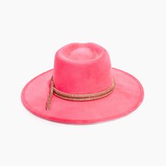 Hot Pink Short Brim Rancher Fedora Hat by AB.LINO A part of the Renaissance Collection. Hand-made from stiffened Mexican suede with a rigid brim and crown, this style is designed to hold its shape through thick and thin. Accessorized with crystal rope and star and pearl-studded underbelly. Made from stiffened Mexican Hot Pink Shorts, Crown Design, Pink Hat, Modest Fashion Outfits, Dyeing Process, Fall Favorites, Fedora Hat, Fall Shopping, Pink Shorts