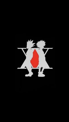 two anime characters standing next to each other in front of a red and black background