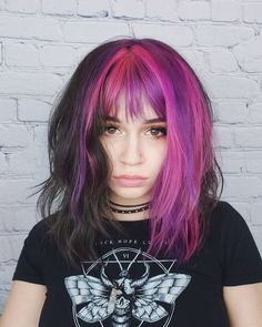 Black Pink Purple Hair, Black Pink And Purple Hair, Pink To Black Hair, Barbiecore Hair, Purple Split Dye, Pink And Purple Hair Ideas, Purple And Pink Hair, Purple Hair Ideas, Bright Purple Hair