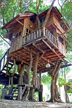 a tree house built in the middle of some trees