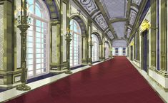 an artist's rendering of a hallway with columns and chandeliers on either side