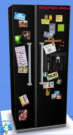 a double door refrigerator covered in stickers and magnets on the front, side by side