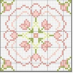 a cross stitch pattern with pink and green flowers on the center, in square format