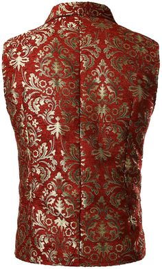 This men's vintage-style double-breasted formal vest features a bold paisley pattern in a deep red hue. Crafted with high-quality fabric, this vest is designed-to-fit and offers a classic, timeless look. Wear it to make a stylish and timeless statement at any formal event. 100% Polyester Button closure Warm tips: Hand Wash only, Don’t use machine Premium Quality, Button closure, All over printing. Festive Formal Fitted Vest, Formal Red Vest For Fall, Red Fitted Vest For Party, Red Fitted Party Vest, Fitted Red Vest For Winter, Elegant Fitted Red Vest, Red Vest Men, Luxury Vintage Vest With Buttons, Festive Vintage Fitted Vest