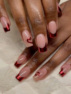 Follow my on instagram @gelxbyabi #gelxapres #gelxnailtech #rednails #chrome #chromenailart #redchrome #nails #vday #valentinesdaynails Metallic Red French Tip Nails, Red Oval Nails Designs, Hoco Nails To Go With A Red Dress, Nails To Go With A Red Prom Dress, Red Nail Designs Birthday, Nail Inspo Coffin Red, Red Chrome Heart Nails, Nails With A Red Dress, Burgundy Nails Prom