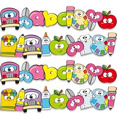 the words happy birthday are made up of colorful cartoon characters and apple shaped letters with faces on them