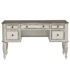 an antique white desk with drawers on the top and two drawers at the bottom, in front of a white background