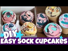 some cupcakes are decorated in different designs and colors, with the words diy easy sock cupcakes