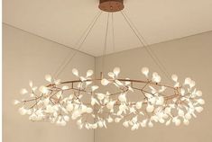 a large chandelier hanging from the ceiling in a room with white walls and flooring