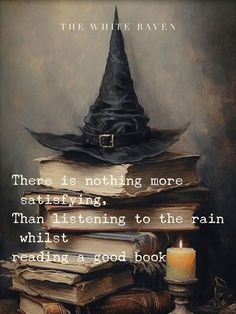 a stack of books with a witches hat on top