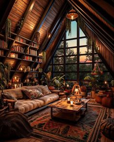 a living room filled with furniture and bookshelves next to a window covered in plants