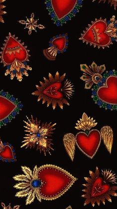 a black background with red and gold hearts, stars, and other decorative items on it