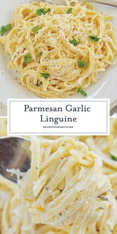 a plate of pasta with parmesan garlic linguine on it and the title overlay reads, parmesan garlic linguine