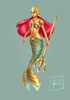 a drawing of a mermaid holding a wand and wearing a red cape with gold accents