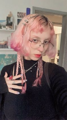 my hair is pink, and the ends are a darker shade i have a bridge piercing and a vertical labret on the lip Bob With Long Front Pieces, Blonde Hair Pink Ends, Queer Hair, Vertical Labret, Bridge Piercing, Blonde Pink, Pastel Pink Hair, Diy Haircut