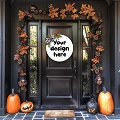 a black front door decorated with pumpkins and pineconis for your design here