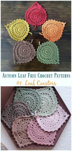 four crocheted coasters with the text autumn leaf free crochet patterns