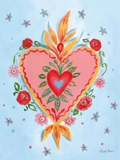 a painting of a heart with flowers and leaves