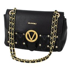 This is a lovely Mario Valentino Alice quilted double chain black lambskin leather shoulder handbag with studs. Made in Italy, the bag has brushed gold-tone metallic hardware. The shoulder strap of the bag can be doubled up as it is made of woven chains. The flap top has a turn-lock closure. The interior is in beige cotton fabric with a side zippered pocket. This purse has a huge gilded metal brand logo plaque on the center and a gilded metal "Valentino" tag on the front. This sale includes the original dust bag, the brand certificate, and the original tag still attached to the bag. The handbag is pristine, brand new, never worn, never used. Measurements: 10.75 in wide (27 cm) x 4 in deep (10.5 cm) x 7.50 in high (19 cm). The strap drop is from 11.5 in (29 cm). Dior Shoulder Bag, Pink Shoulder Bags, Fendi Shoulder Bag, Quilted Handbag, Grey Shoulder Bag, Valentino Black, Mario Valentino, Quilted Handbags, Leather Shoulder Handbags