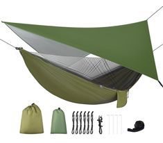 a hammock set up with various accessories