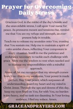 Feeling weighed down by daily stress? Prayer can be your refuge and source of peace. Use this prayer to release your worries to God and find calm in His presence throughout your day. Visit Grace and Prayers to explore more prayers for overcoming stress and anxiety. Calming Prayers, Prayer For Courage, Prayers For Patience, Morning Devotion, God Things, Prayers For Strength