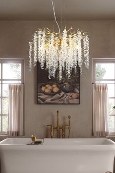 Transform any room into a luxurious and enchanting space with the exquisite Wisteria Flower Golden Branch Crystal Chandelier. Crafted with finely designed pistils adorned with dazzling crystals, this chandelier adds a touch of glamour and sophistication to any space. Its delicate design and sparkling features will surely elevate the aesthetic of your home. Please note: Your payment does not include customs duties, local taxes, or any other import costs. If you have any questions about our produc Wisteria Flower, Living Room Den, Staircase Lighting, Delicate Design, Lamps Ceiling, Wisteria, Glass Lighting, Crystal Chandelier, Light Table