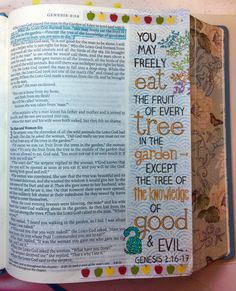 an open bible with the words, you may freely eat the fruit of every tree in the garden