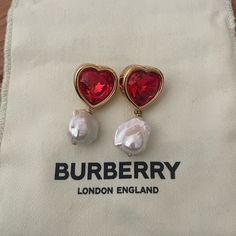 Nwt Stunning Burberry Heart Earrings Red And Gold Pearl Dangle Luxury Heart Charm Earrings For Valentine's Day, Luxury Red Heart Earrings, Burberry Earrings Bow, Elegant Red Heart Charm Earrings, Burberry Jewelry, Luxury Red Pearl Earrings, Elegant Style, Burberry Vintage, Marble Earrings, Long Gold Earrings