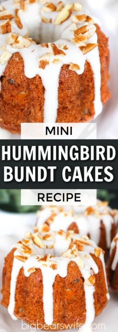 mini hummingbird bundt cakes with white icing and almonds on top are shown