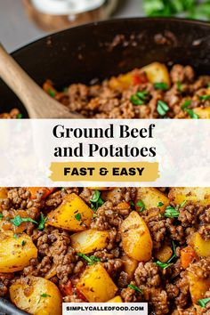 ground beef and potatoes in a skillet with text overlay