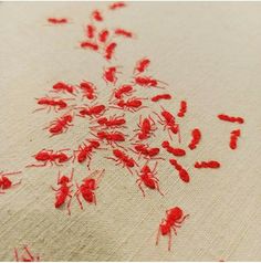 red thread sprinkles are scattered across the fabric on this piece of cloth