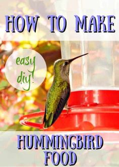 a hummingbird sitting on top of a red bird feeder with the words how to make easy diy hummingbird food