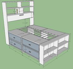 a drawing of a bed with drawers underneath it