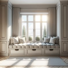 a window seat in front of a large window with pillows on the windowsills