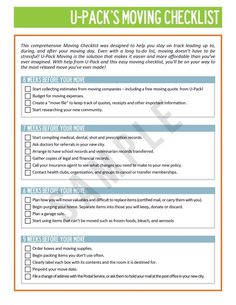 the u - pack moving checklist is shown in green and orange, with text on it