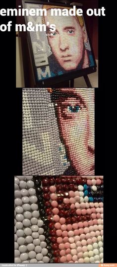 three different pictures of the same person on a television screen, and one with beads in it