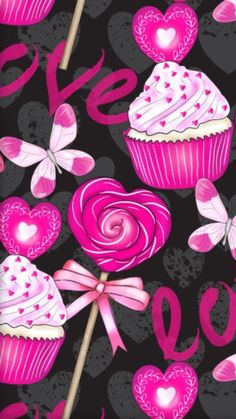 pink cupcakes and hearts on a black background