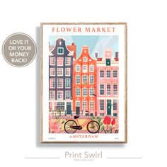 a flower market poster with the words amsterdam on it and an image of a bicycle parked in