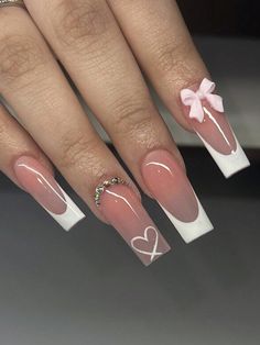 24 PCS Pink French Press-On Nails: Long Tube Design With White Hearts, Sparkling Gems, And Gradient Pink Butterfly Bow–Lamorous Nail Art For Women & Girls Multicolor     Colorblock,Plain,Plants Bare Nails   Nail,Hand & Foot Care, size features are:Bust: ,Length: ,Sleeve Length: Cute Valentine Nails Acrylic, Long Nails White Design, Pink And White Ombre Nails With Design, Nails With Bows On Them, Pink And White Nails Acrylic, Long Square Nails Ideas, French Tip Acrylic Nails Pink, Uñas Press On, Plain Nail Designs