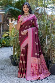 Maroon Function Wear Art Silk Fabric Zari Weaving Border Work Saree Border Work Saree, Maroon Saree, South Silk Sarees, Raw Silk Saree, Red Saree, Kanjivaram Sarees, Tussar Silk Saree, Organza Saree, Silk Sarees Online