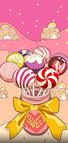 a candy jar filled with lots of lollipops on top of a pink background