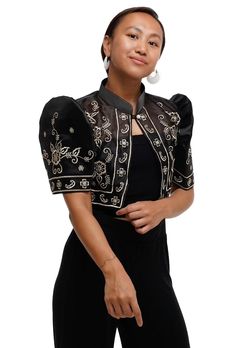 Silk Cocoon Filipiniana Black Bolero A perfect bolero that goes with any under garment! This black filipiniana bolero is made from the highest quality of authentic organza fabric in the Philippines. It has a very detailed embroidery that make this creation unique to show the culture and creativity of our barong weavers Black Filipiniana, Filipino Barong, Filipiniana Modern, Filipiniana Top, Modern Filipiniana Dress, Filipino Fashion, Modern Filipiniana, Wedding Shawls, Filipiniana Dress