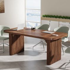 a wooden table with chairs around it in an office setting