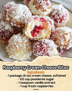 raspberry cream cheese bites on a white plate with text overlay that reads, raspberry cream cheese bites