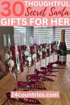 several wine glasses with flowers on them and the words, 30 thoughtful secret gifts for her