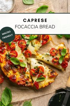 caprese focaccia bread with fresh basil and tomatoes on the side